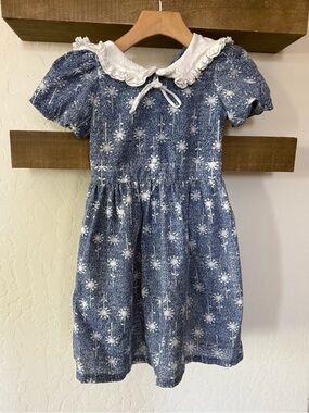 Lemon Kiss|Girls' Blue Floral Cotton Dress w White Peter Pan Collar,cottagecore•